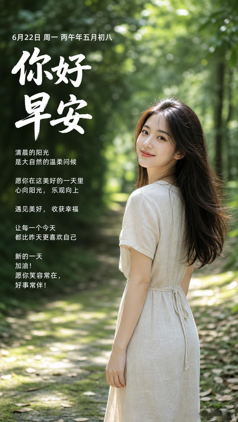 6月22日 周一 丙午年五月初八你好早安清晨的阳光是大自然的温柔问候愿你在这美好