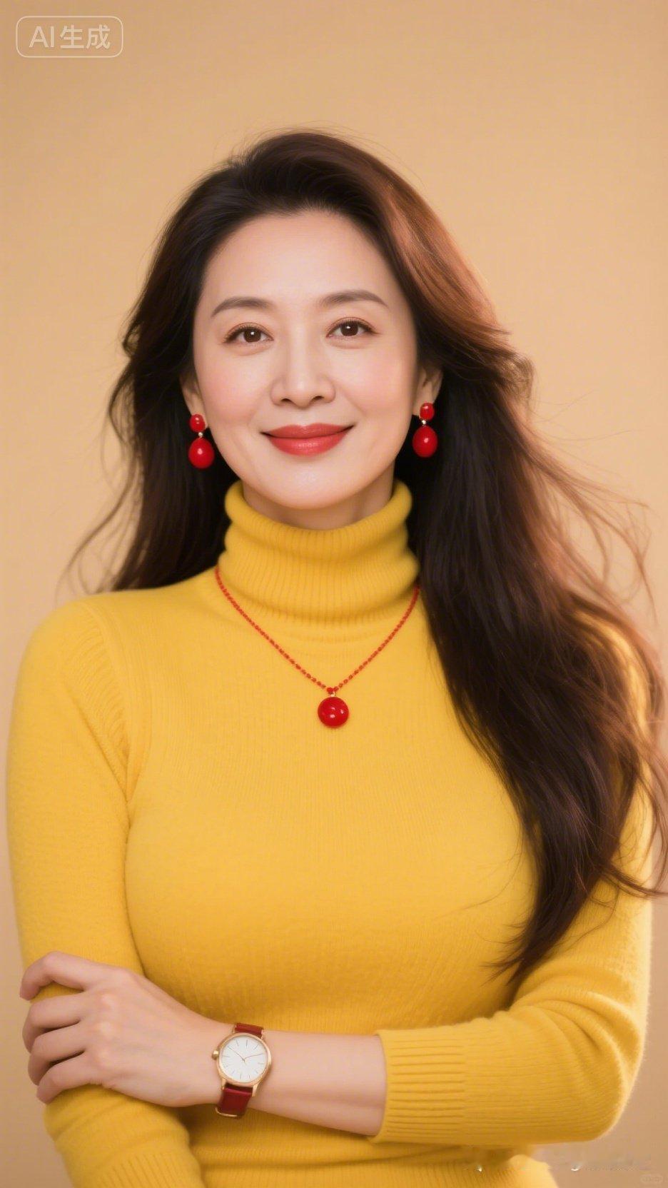 温暖黄色毛衣搭配红宝石饰品，优雅气质满分！💖✨