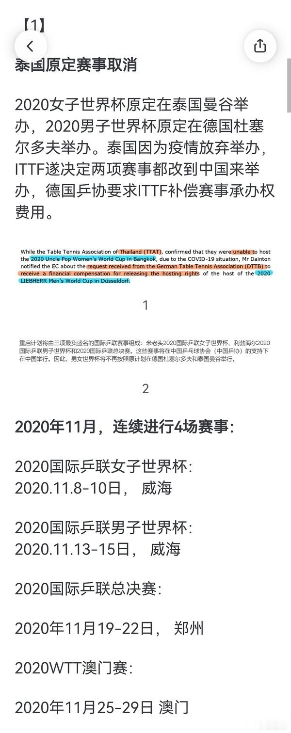 有网友通过研究ITTF的会议纪要的发现，2020年11月有四项在中国进行的乒乓球