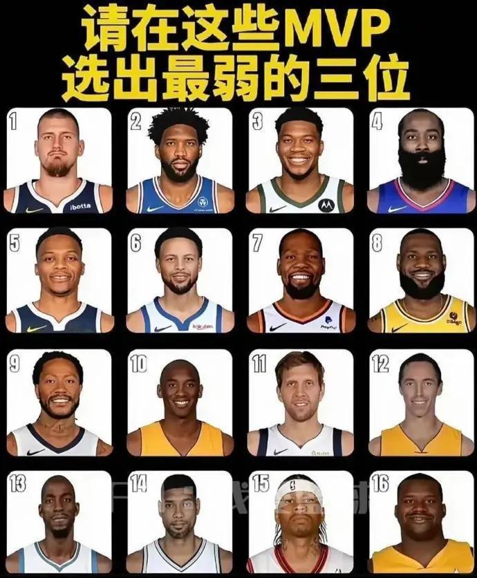 MVP球员里面选择最弱的三位？

詹姆斯很多人都黑，占一个位置。

罗斯和纳什必