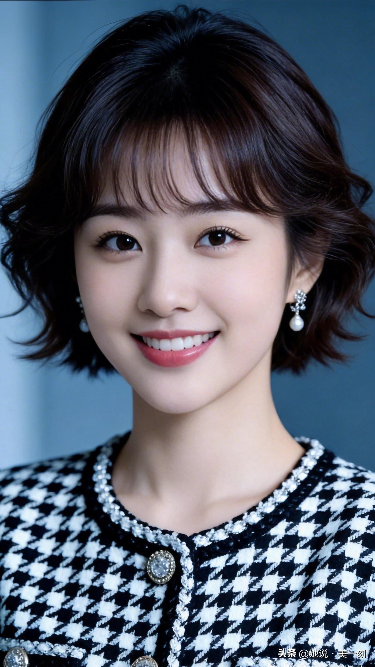 甜美笑容，黑白格纹外套，优雅气质，女神范儿十足！😊✨什么样的女人，最有味道