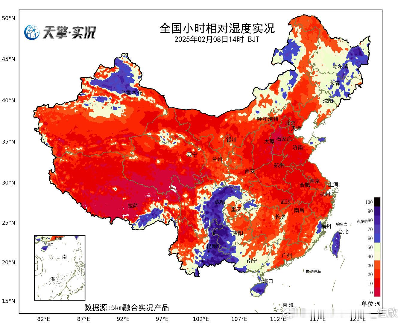 【干燥】今天在极地大陆气团控制下，我国多地空气干燥，青藏高原、西北东部、华北到长