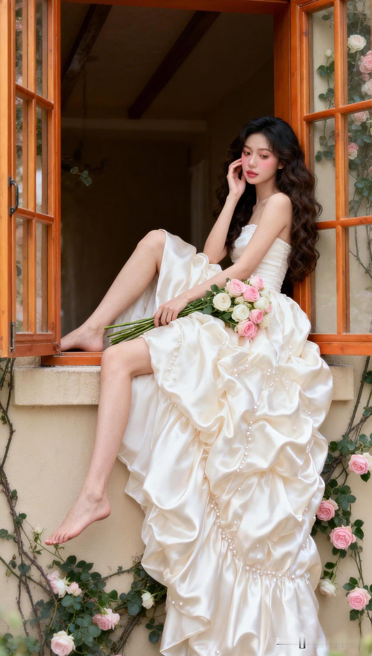 优雅的婚纱，浪漫的窗台，粉色的玫瑰，美轮美奂的瞬间