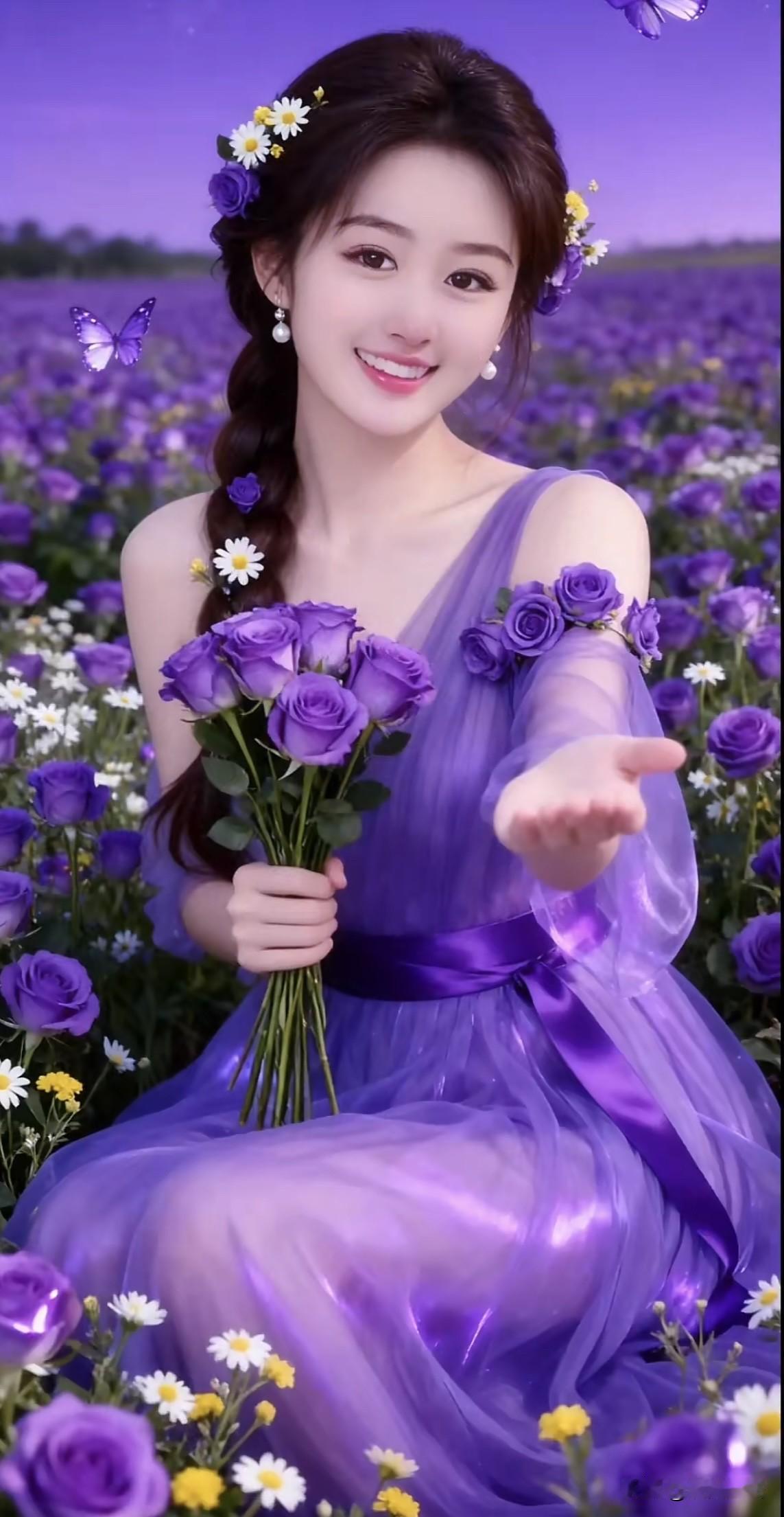 花间美人笑，紫衣舞翩翩。绿裳春景照 绿裙蝶舞仙境 紫裙韵 花间微笑 紫裙韵 花间