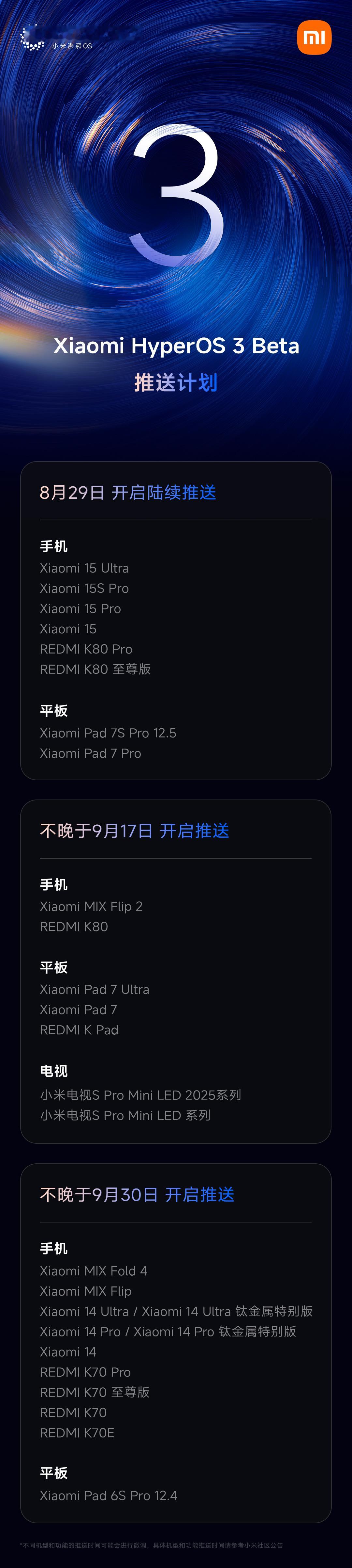 小米澎湃OS3小米澎湃OS3 Beta版首批机型，8月29日陆续推送，看看有没有