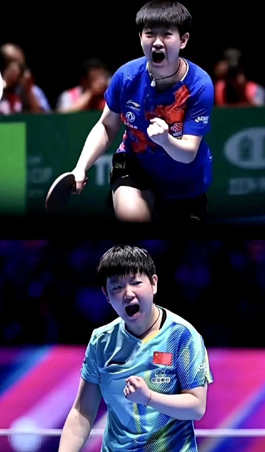 这张照片中上面是19岁的莎莎，对战日乒一姐伊藤美诚，莎莎从陪练抓住了机会，赢了伊