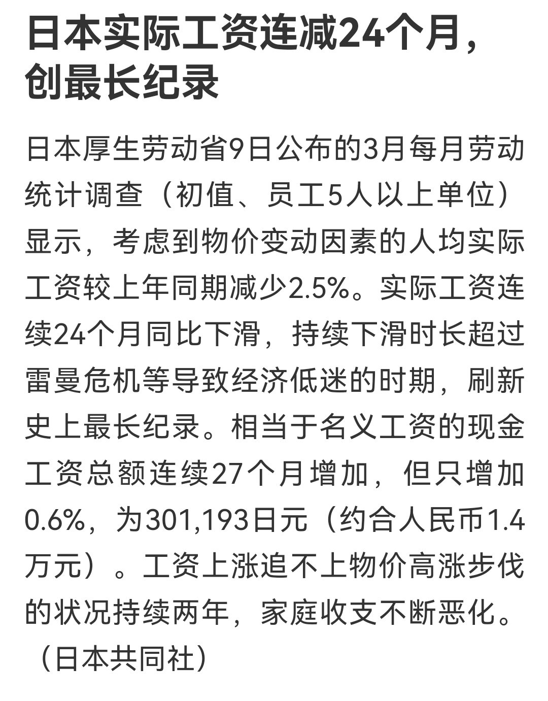 据日本共同社报道，日本实际工资连续24个月同比下滑，工资完全追不上日本的高通胀。