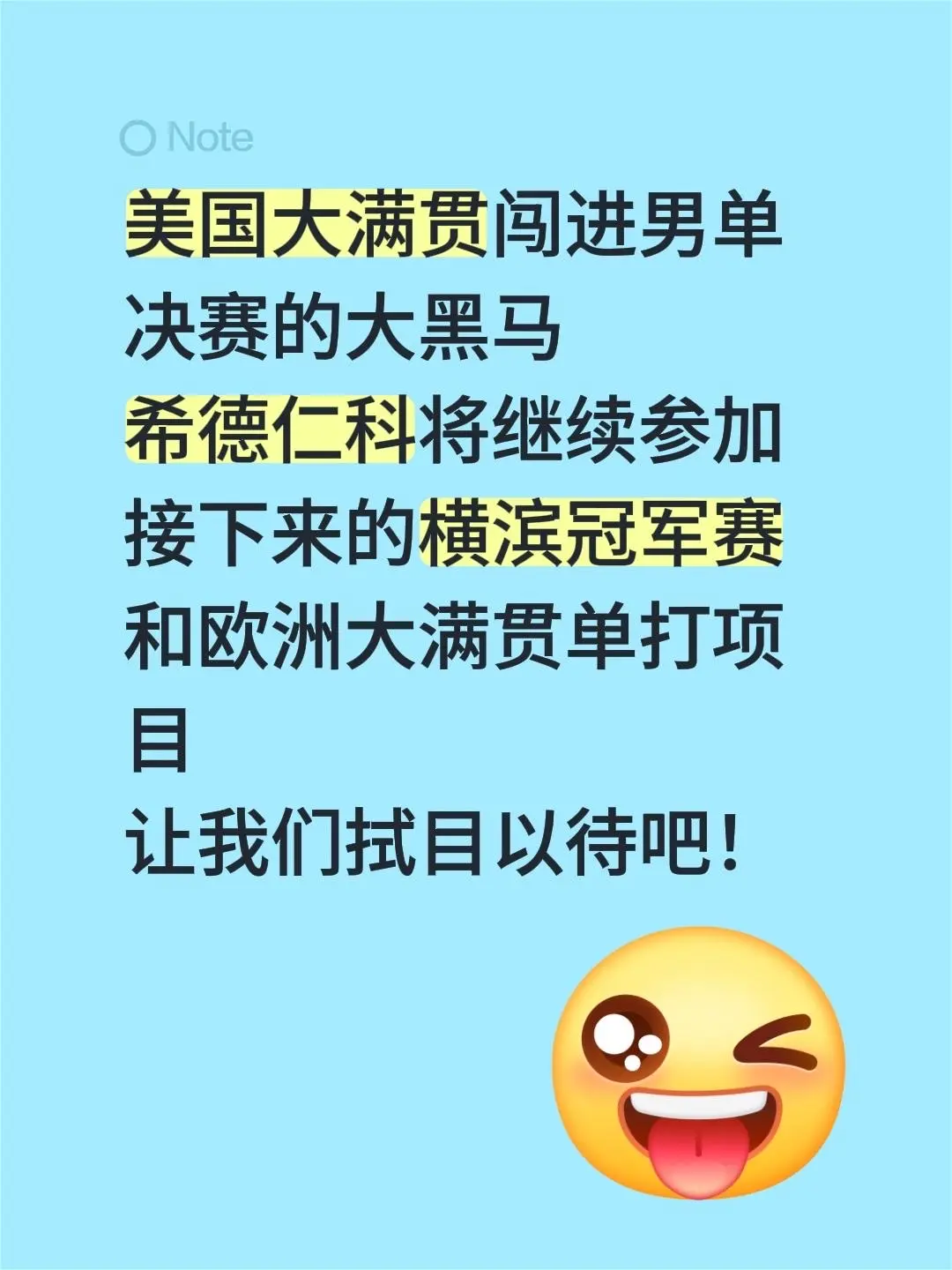 美国大满贯闯进男单决赛的大黑马 希德仁科将继续参加接下来的横滨冠军赛和...