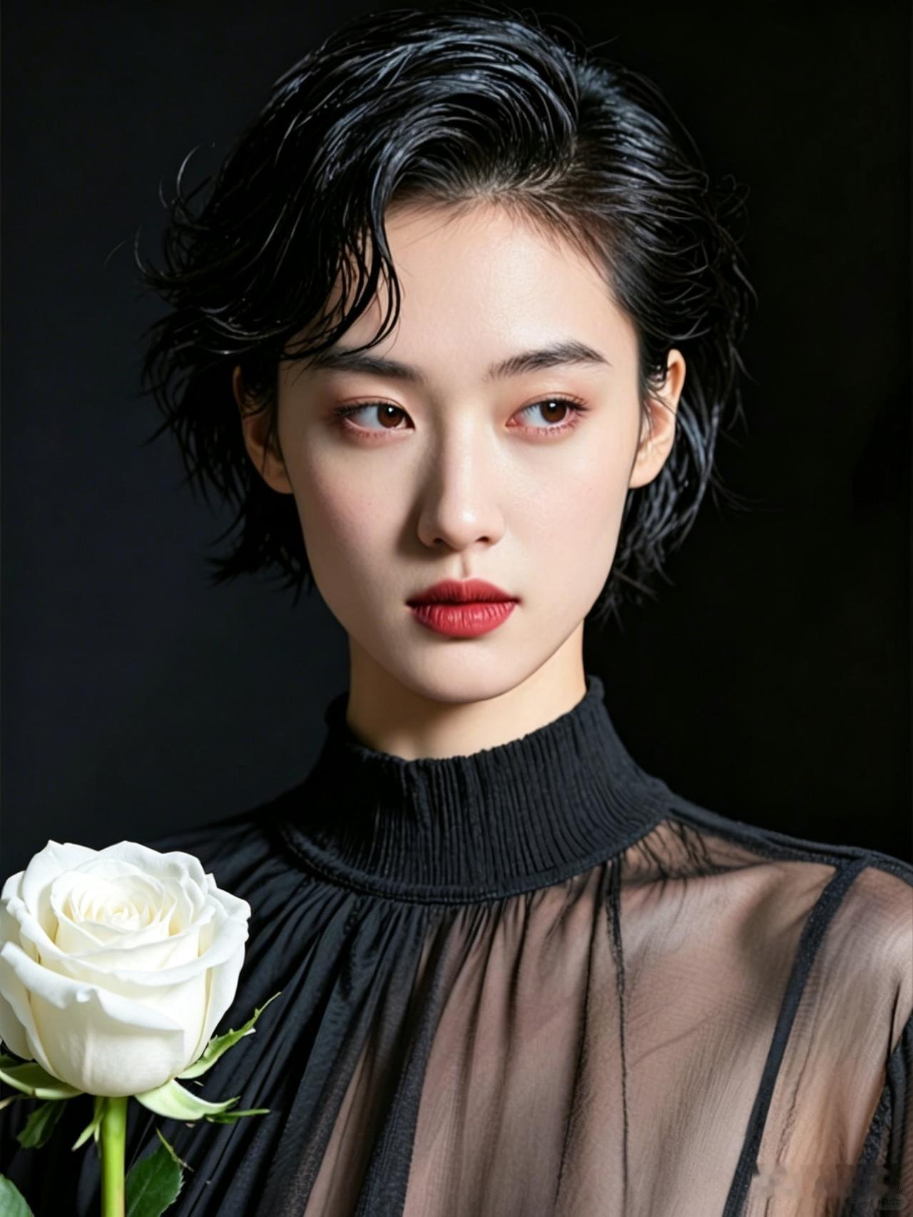 湿短黑发少女身披薄纱硬挺拼接暗黑长袍，伦勃朗侧逆光勾勒清冷轮廓，冷白细腻肌肤衬出