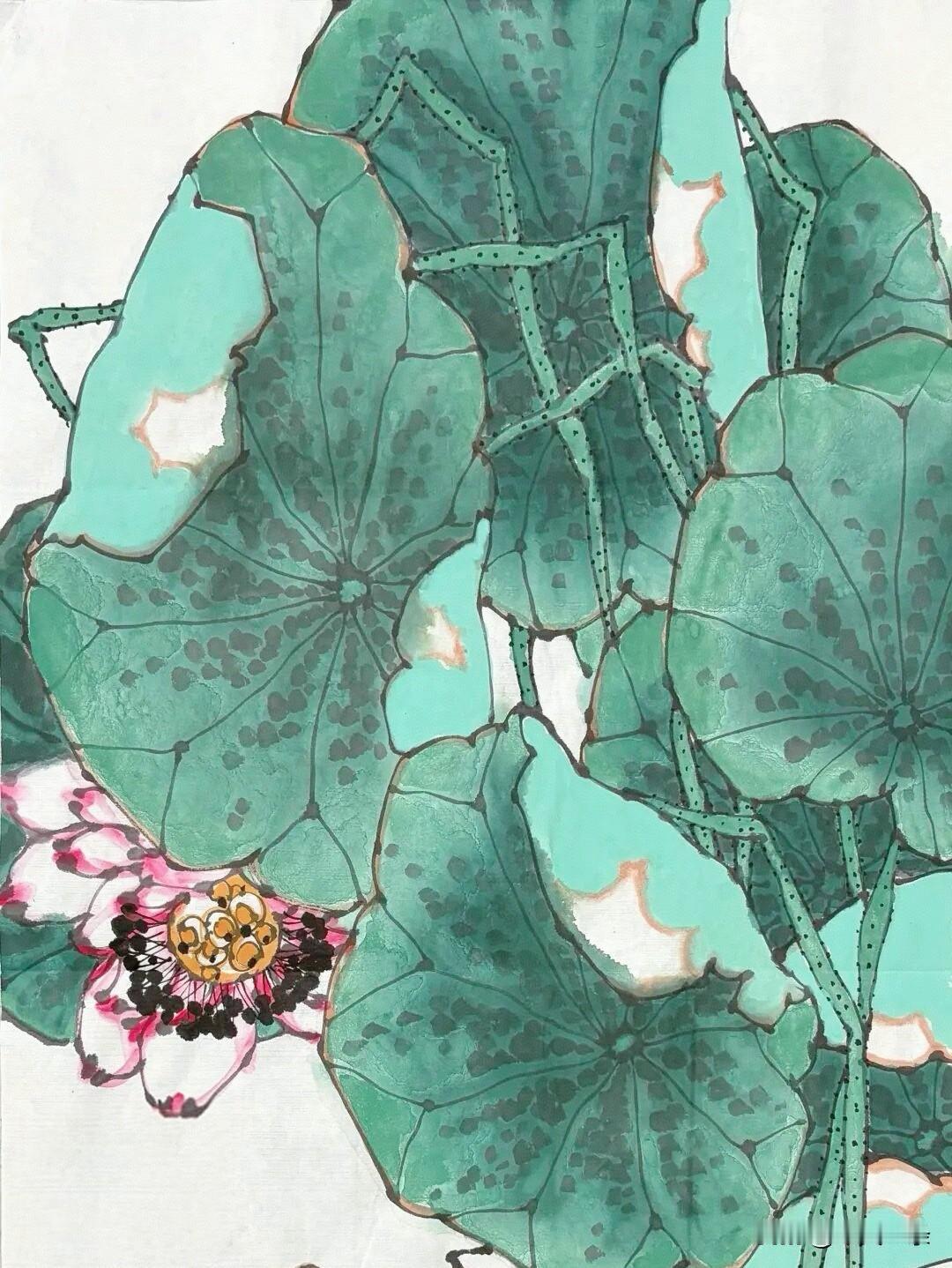 墨点平湖见新莲，
纤姿静立碧云天。
观图悟得濂溪趣，
一片冰心在水渊。
[呲牙]