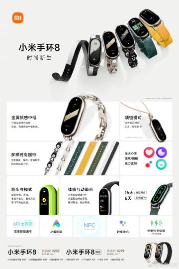 相比手机和平板，手环的价格就正常一些了，小米手环8：

-标准版，239
-NF