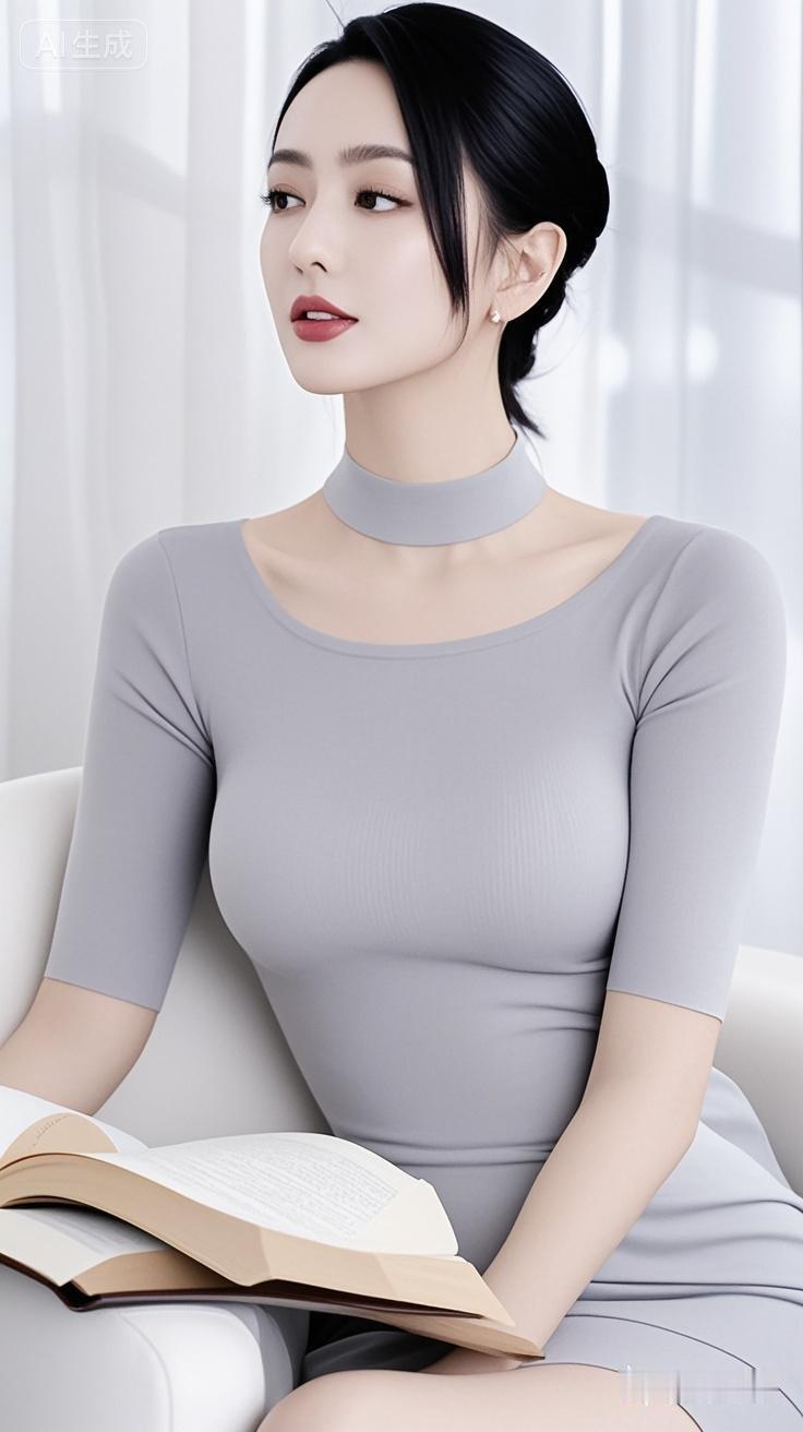 优雅阅读时光，浅灰色连衣裙搭配，尽显知性美！📚✨