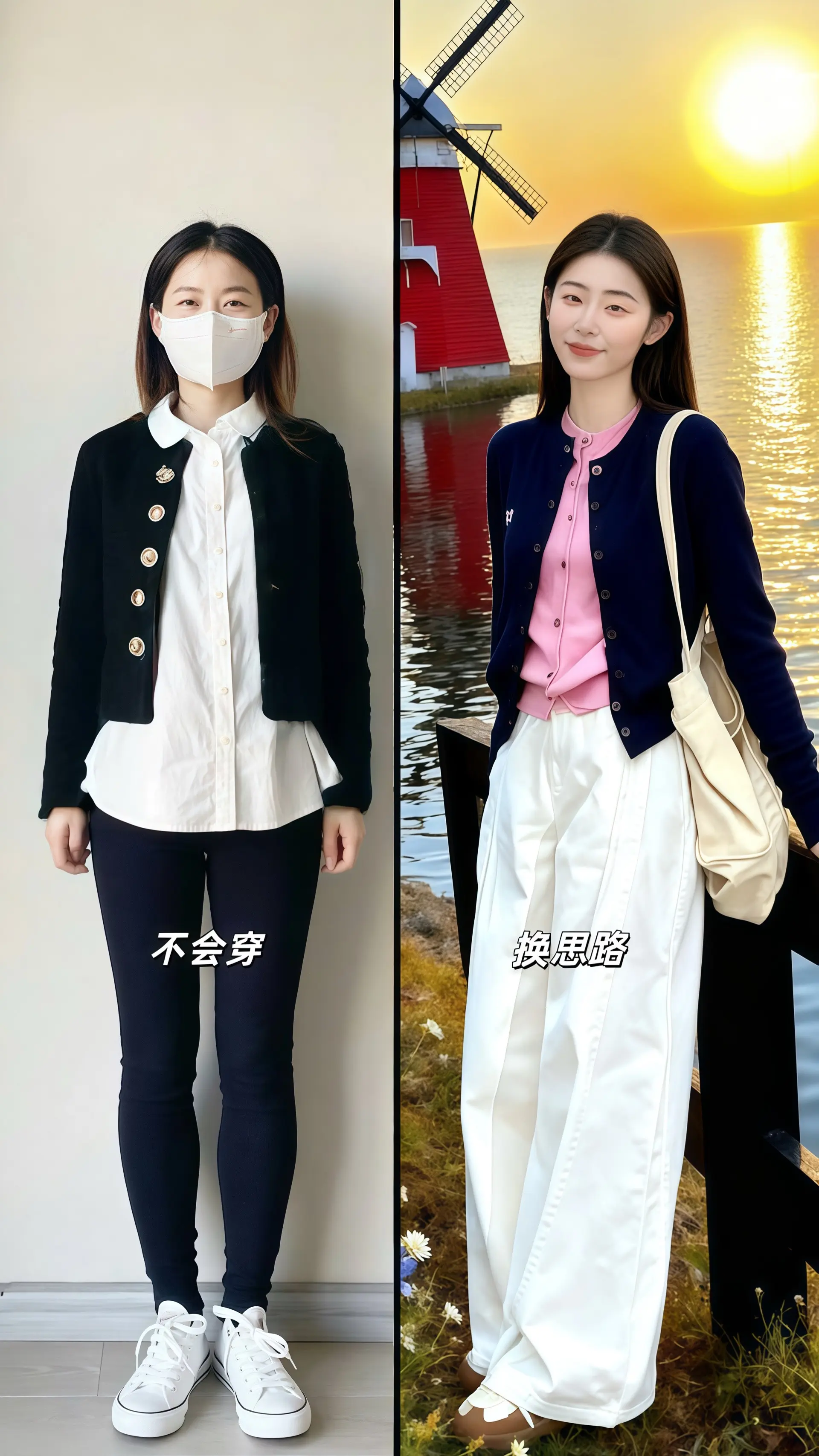 她穿着高级感假两件套装，行走在朝阳浸染的湖边小路，像把一捧月光揉进了衣...