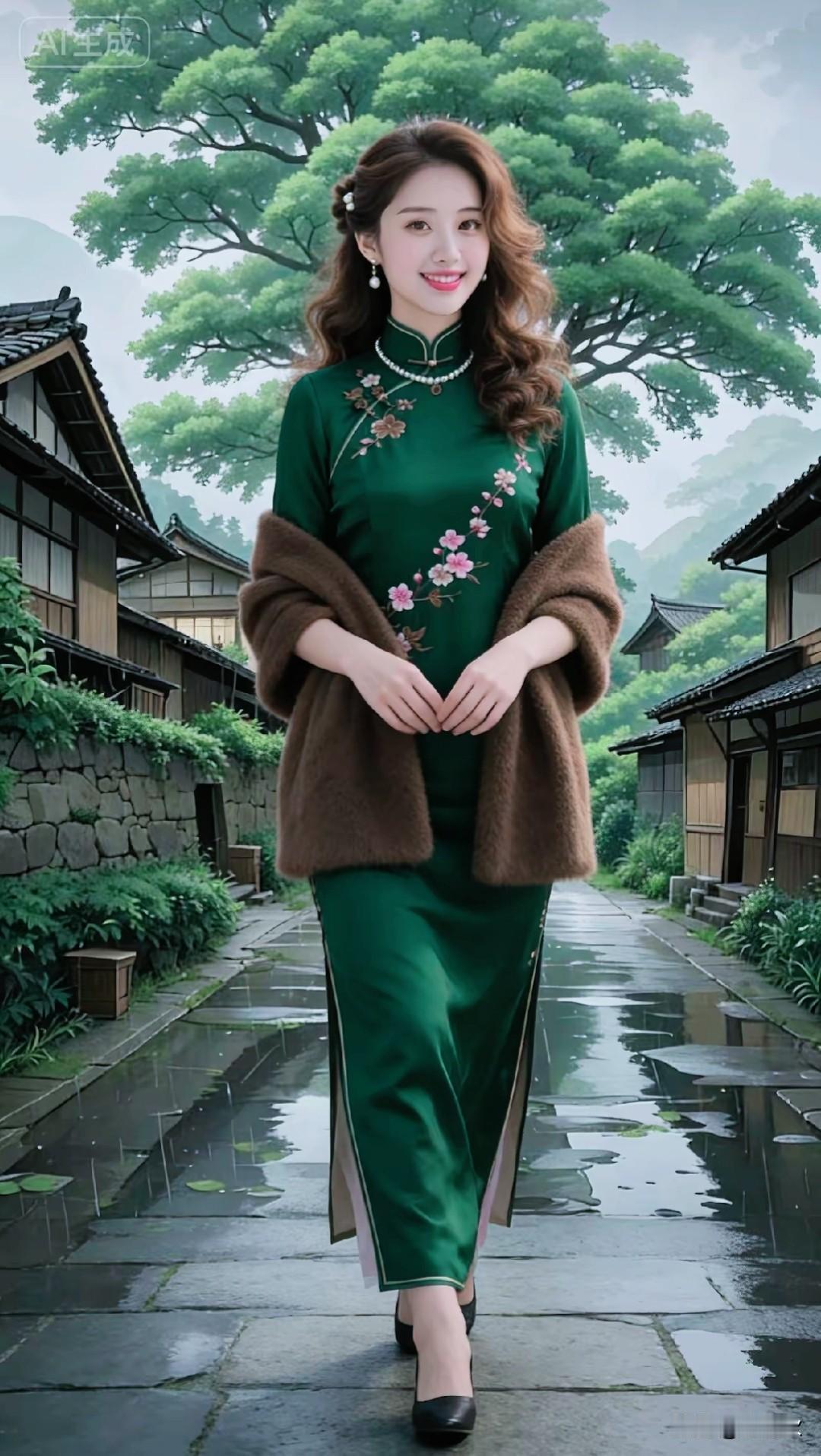 眉似春山寒翠意，
面如桃花映春晖。
中式旗袍，千娇百媚
环保绿色 ，缎面旗袍
梅