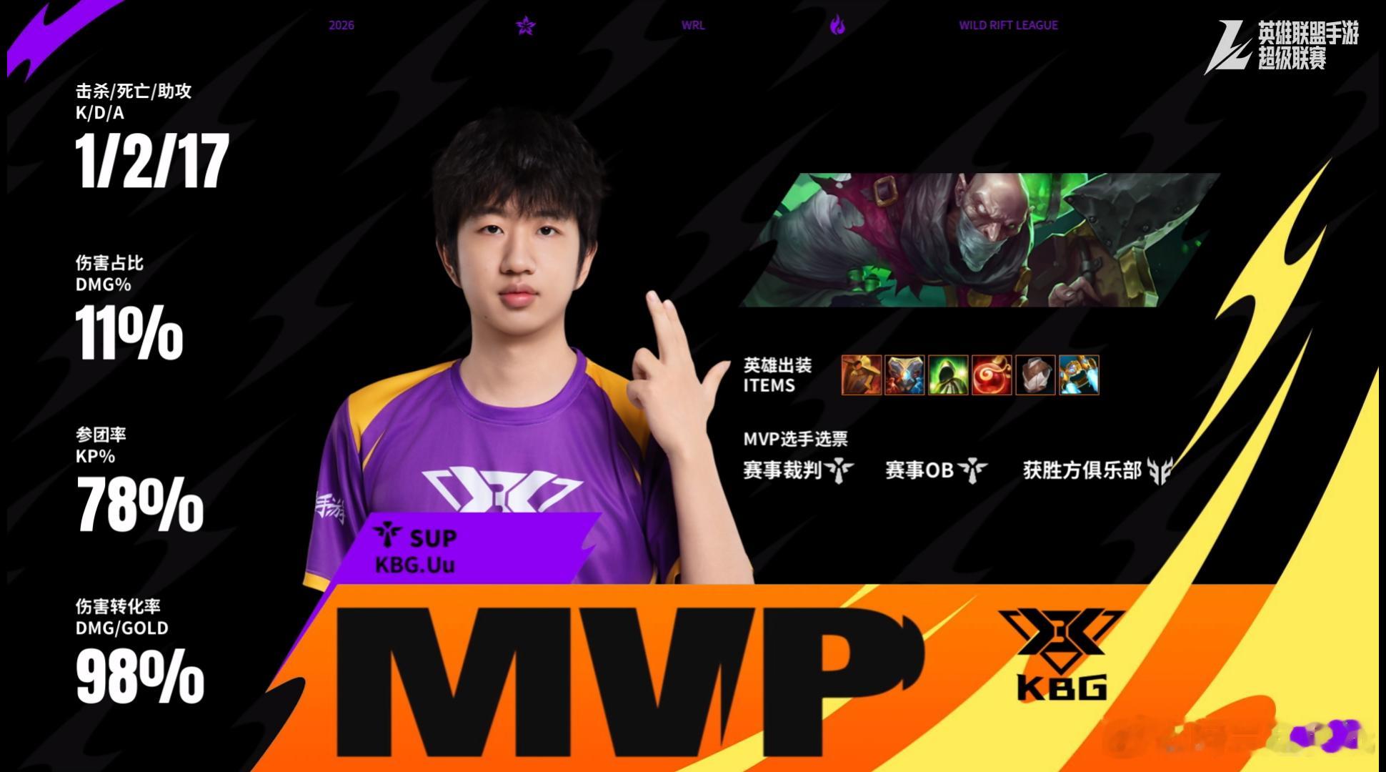 2026WRL夏季赛 第二局：WHG 0-2 KBG本局MVP：KBG.Uu（辛