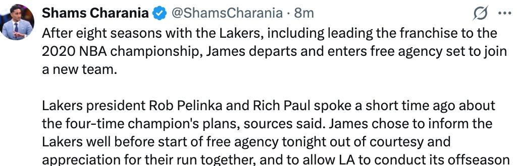 Shams：詹姆斯选择在今天自由球员市场开启之前提前通知湖人队，自己将要离队，是
