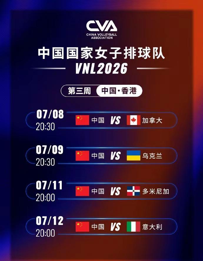 2026年世界女排联赛 中国香港站 中国女排 赛程