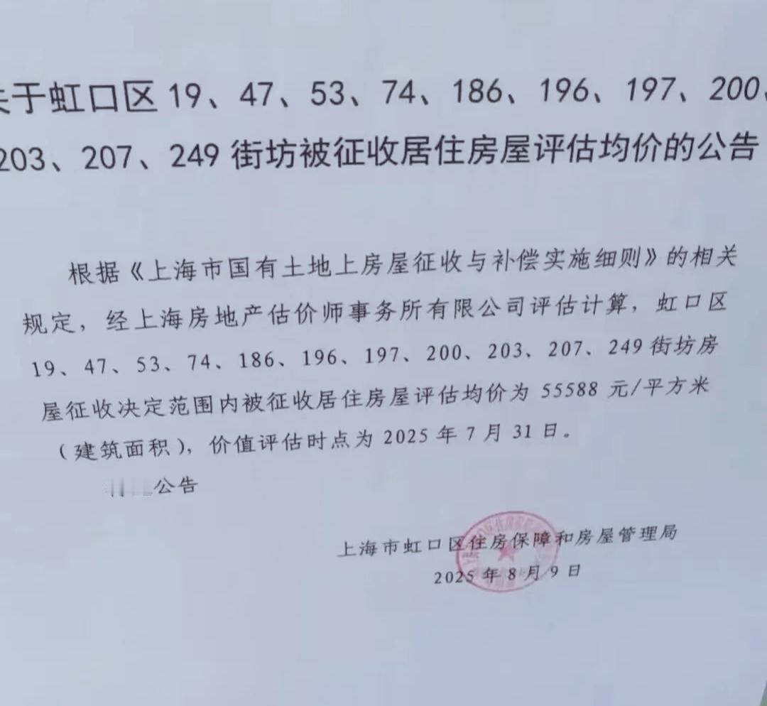 朋友们，虹口区零星地块旧改征收的十几个街坊出台房屋评估均价啦！

最终的房屋评估