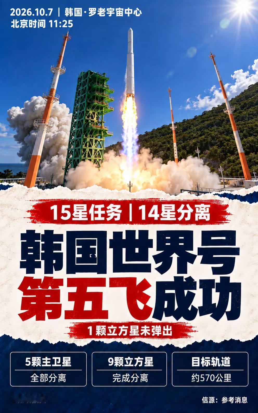 韩国世界号第五飞成功，15星只放出14星。10月7日北京时间11时25分，韩国“