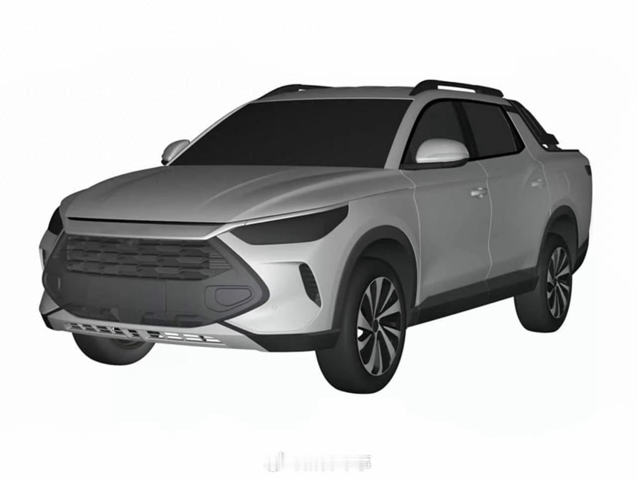 比亚迪第二款皮卡专利图曝光，承载式车身，车头前脸形似老款宋PLUS DM。 