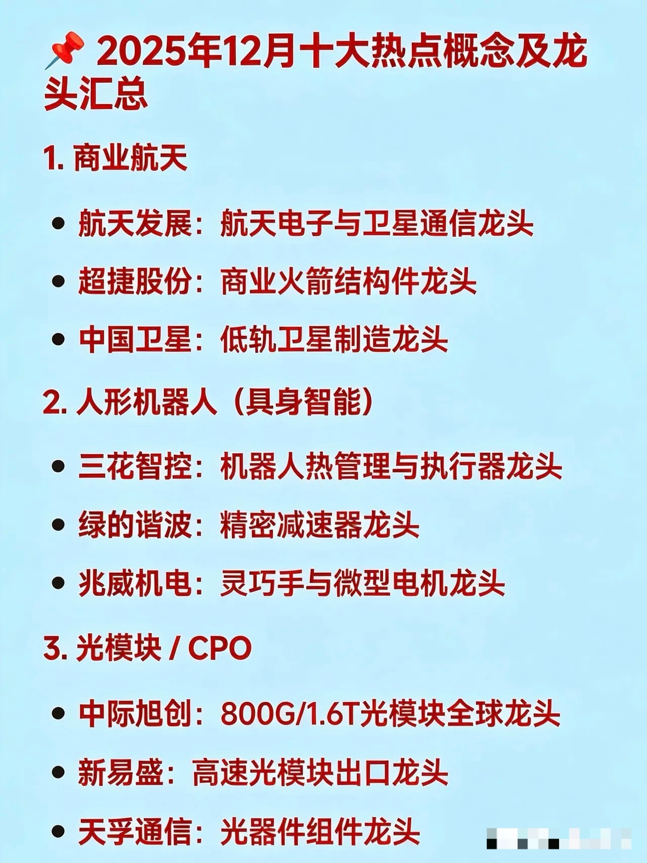 📌 2025年12月十大热点概念及龙头汇总1. 商业航天航天发展：航天电子与卫