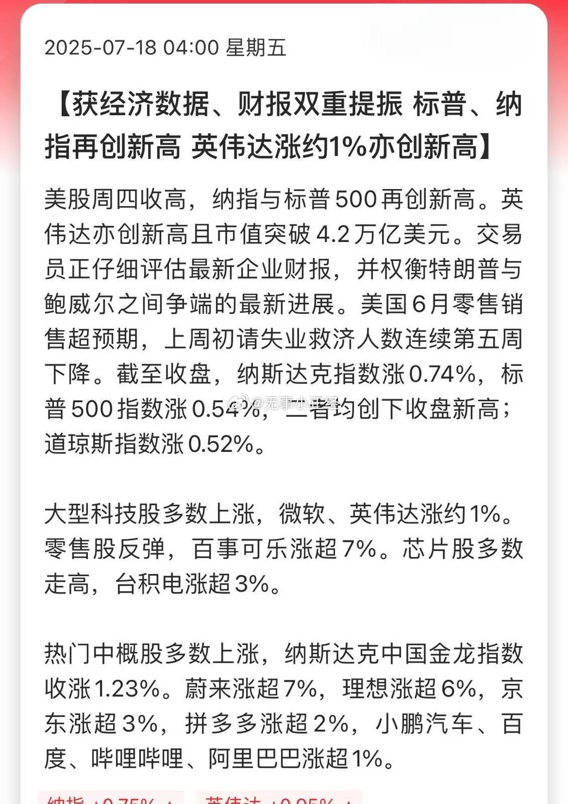 获经济数据、财报双重提振，标普、纳指再创新高，英伟达涨约1%亦创新高想在美股上亏