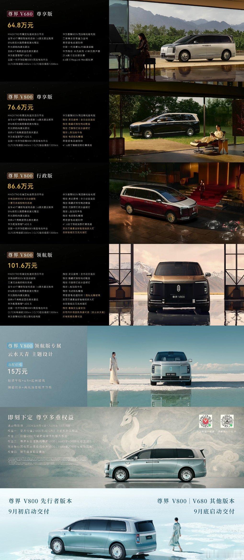 尊界V8008月5日正式上市，凭借76.6万元到101.6万元的价格区间和多项行