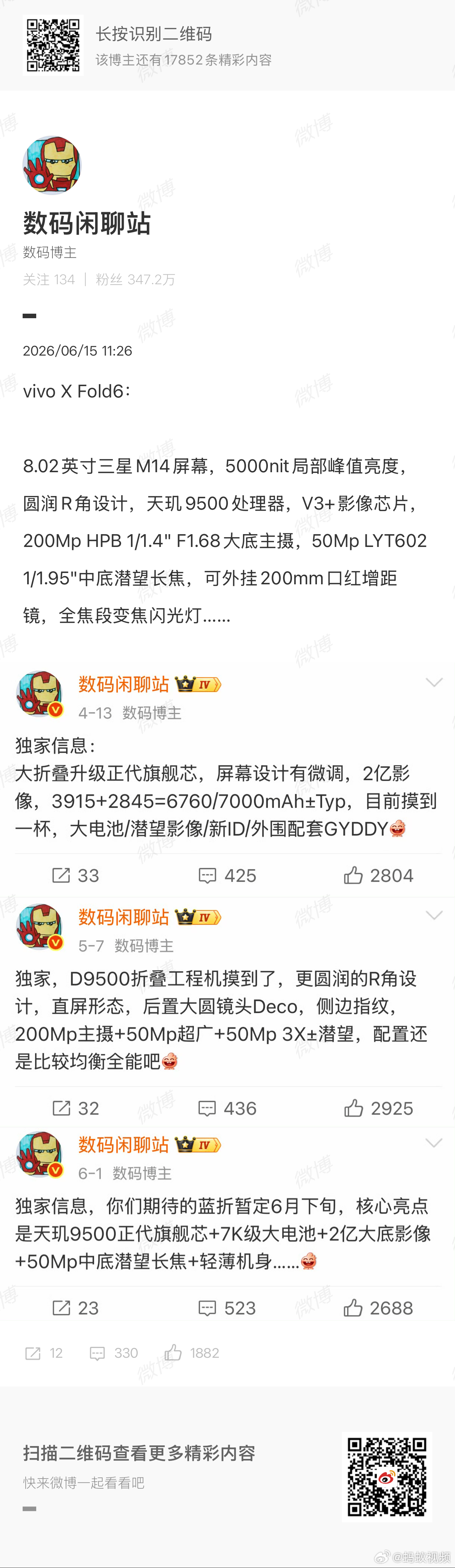 曝vivoXFold6可外挂增距镜vivoXFold6参数曝光博主 发布vivo