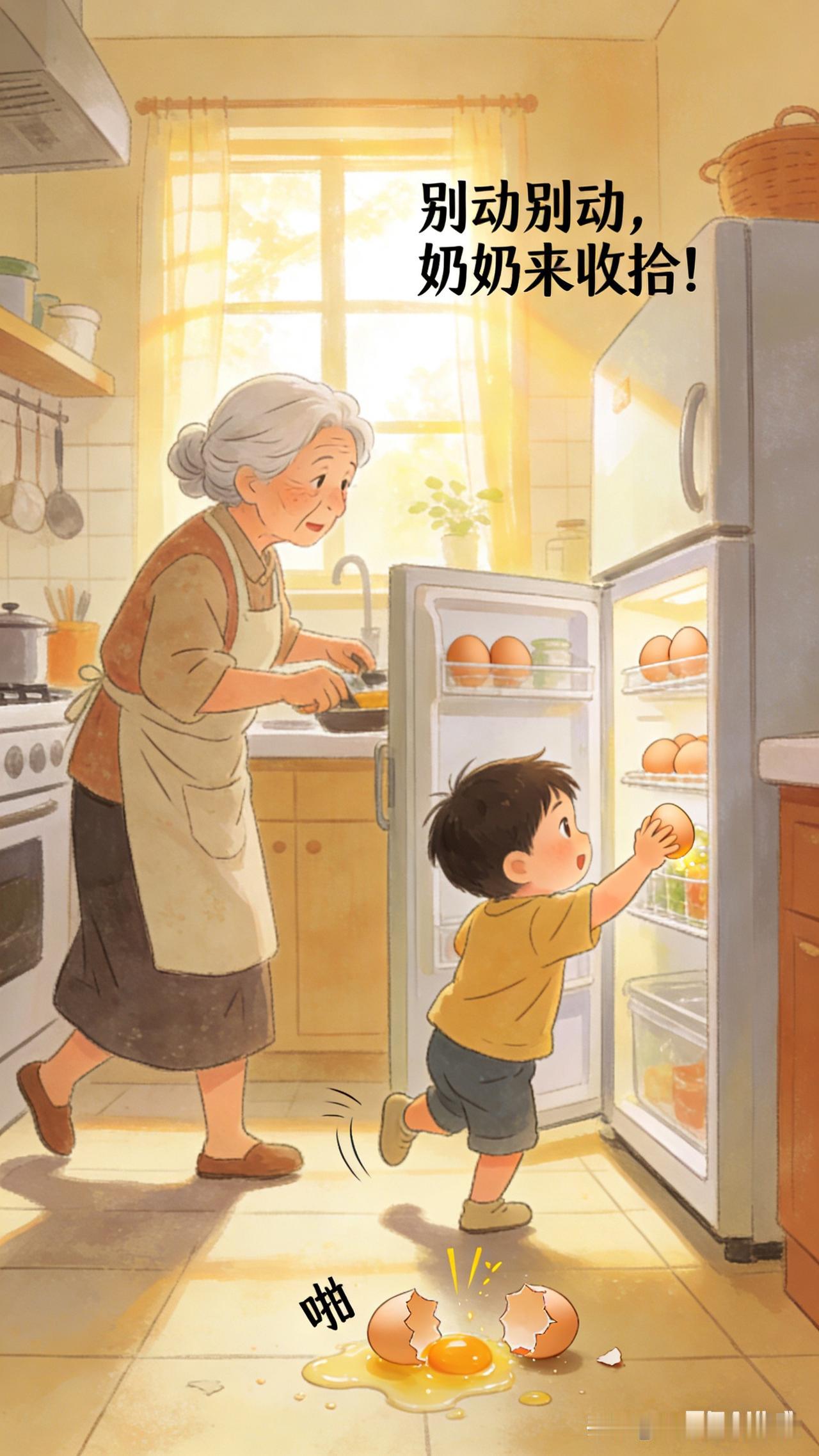 清晨
奶奶在厨房忙碌
小孙子踮脚开冰箱拿鸡蛋
没拿稳
鸡蛋掉落地上

“别动别动