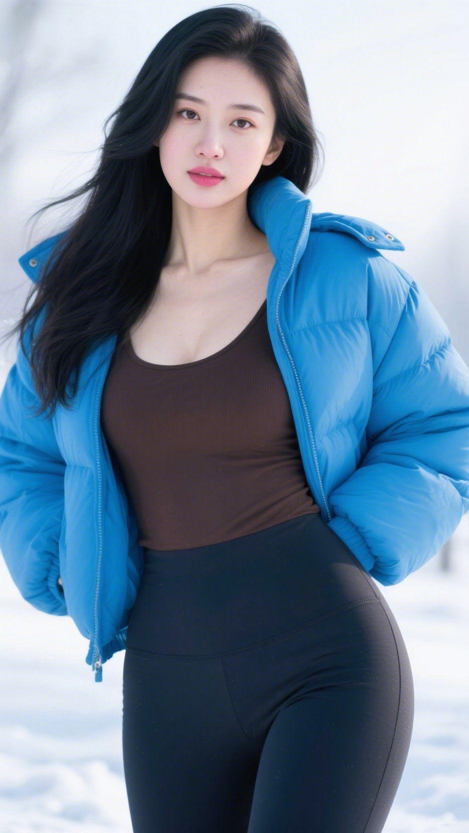 雪境里的青蓝柔暖
 
雪色铺展的天地间，她立在风里，青蓝羽绒服像裹了团透亮的软云