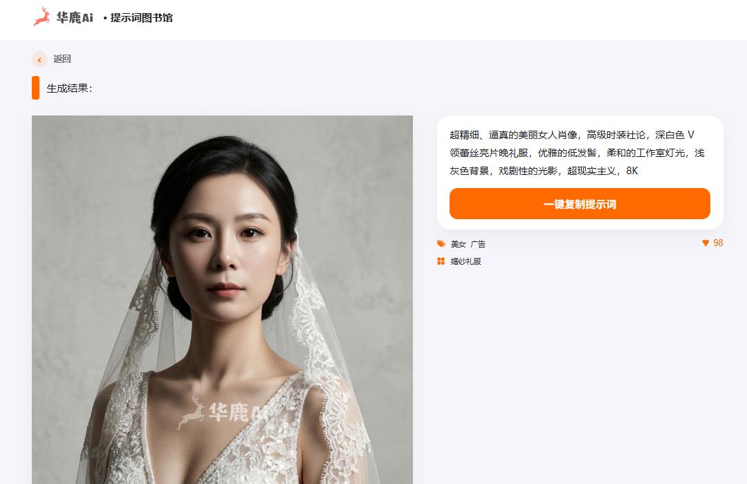 分享一些好的AI婚纱照的提示词

1 经典
超精细、逼真的美丽女人肖像，高级时装