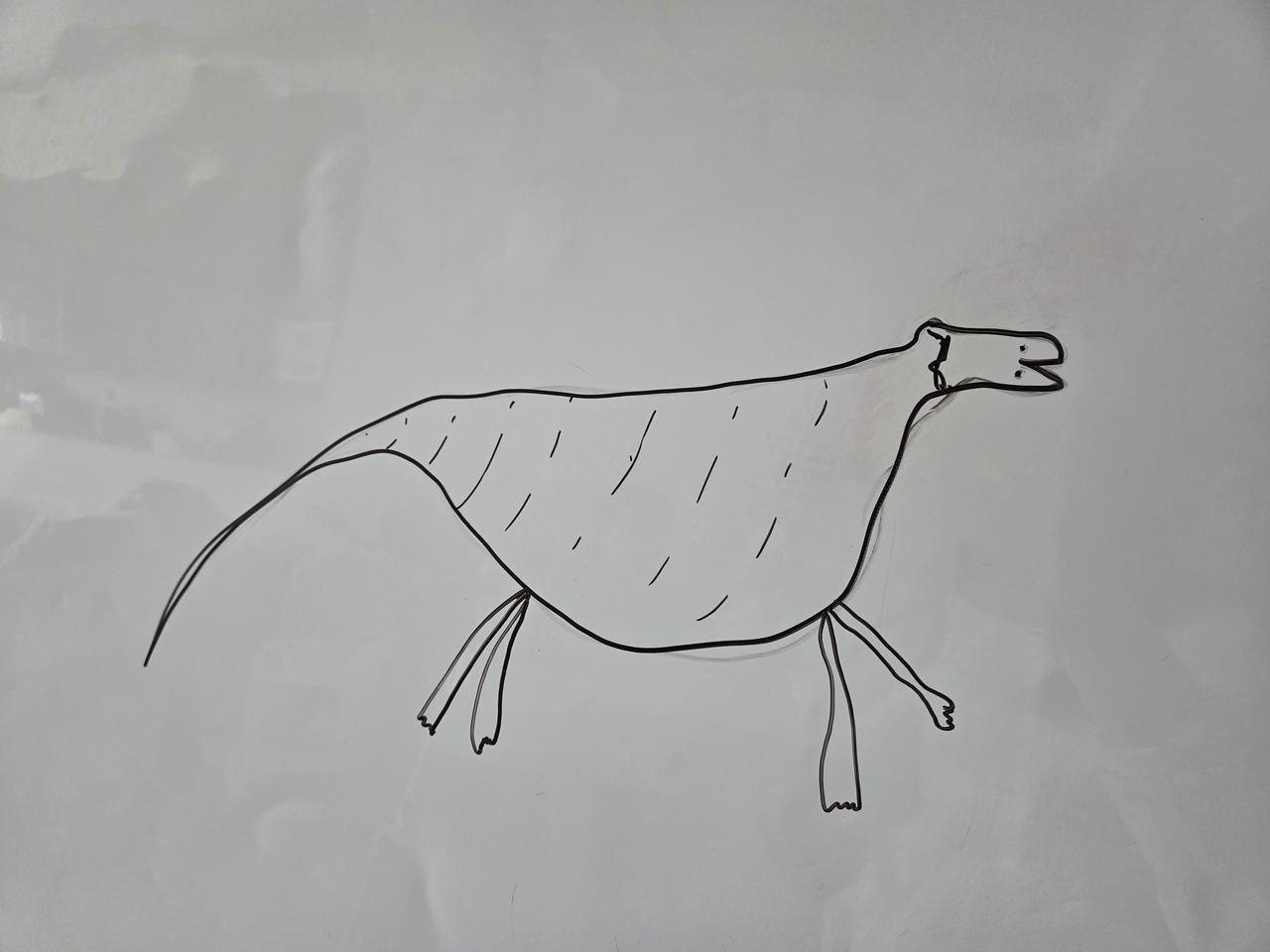 幺儿：妈妈，你给我画个恐龙嘛！
我：好，你吃一大口饭我就给你画个恐龙。
幺儿：我