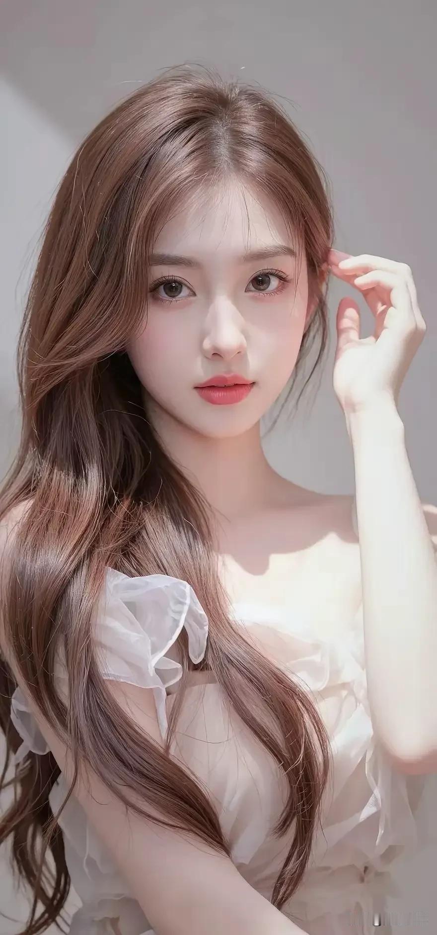 光之影&AI
温柔甜美的少女，浅棕色长发，白皙肌肤，穿着白色荷叶边连衣裙，轻抚发