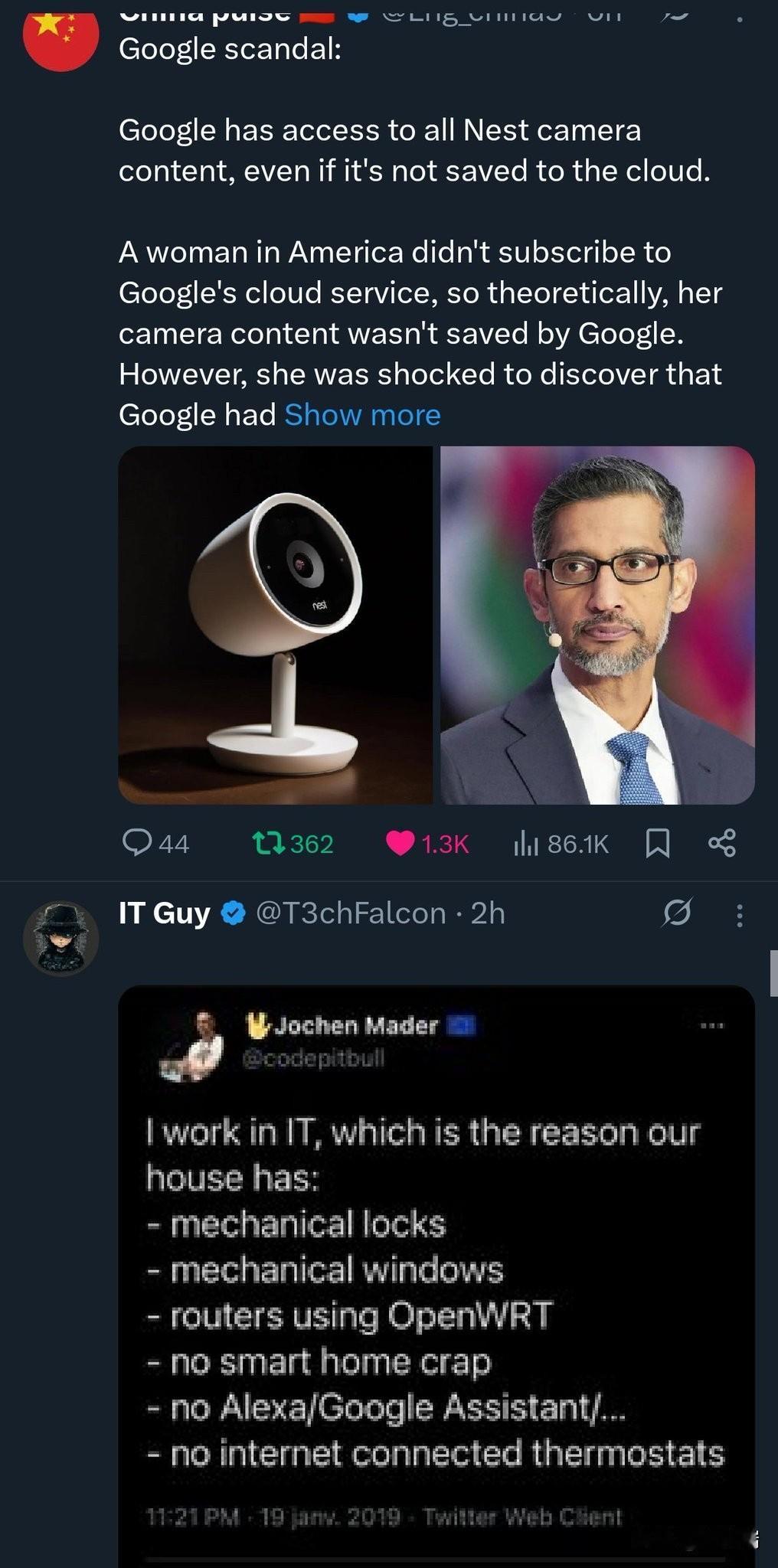 谷歌丑闻：

即使没有保存到云端，谷歌也能访问所有 Nest 摄像头的内容。
