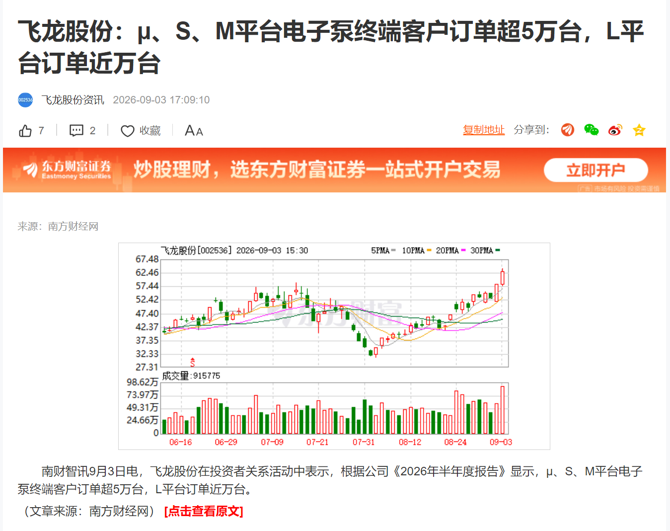飞龙股份：μ、S、M平台电子泵终端客户订单超5万台，L平台订单近万台 ​​​