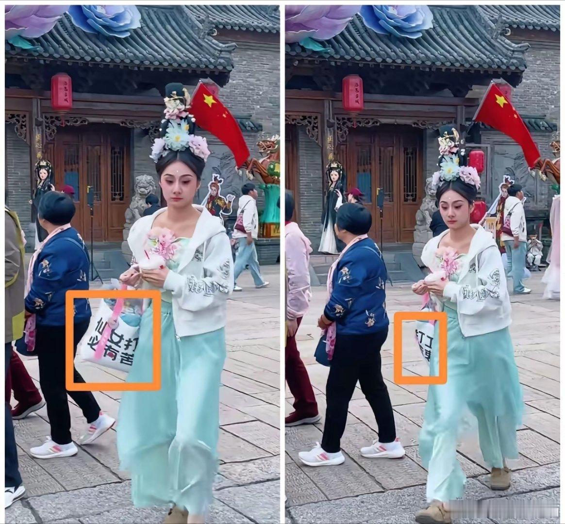 在洛阳洛邑古城景区，表演“天女散花”节目的小仙女的挎包上赫然写着“仙女打工，必有