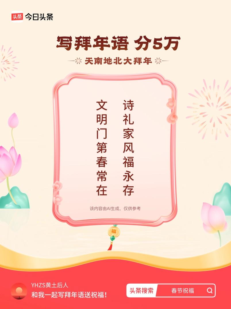 写拜年语送祝福新春拜年送祝福！我的祝福是：“文明门第春常在，诗礼家风福永存”！快