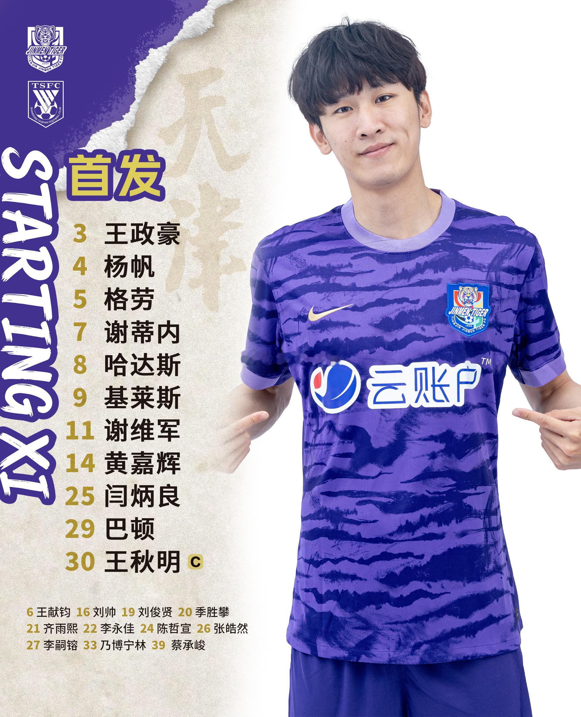 2026年中超 第07轮 天津津门虎队出场数据【已确认】1. 杨帆代表球队，第1