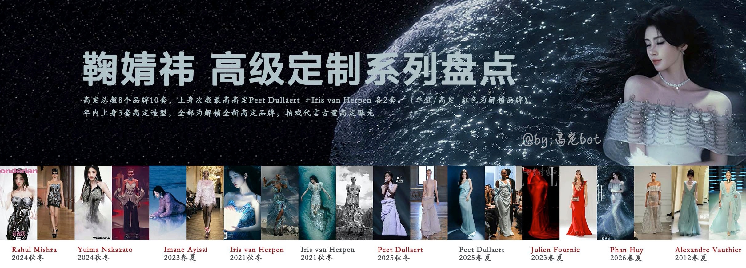 鞠婧祎目前年内上身3套高定，三套全部为全新解锁高定品牌。高定总数量来到8个品牌1