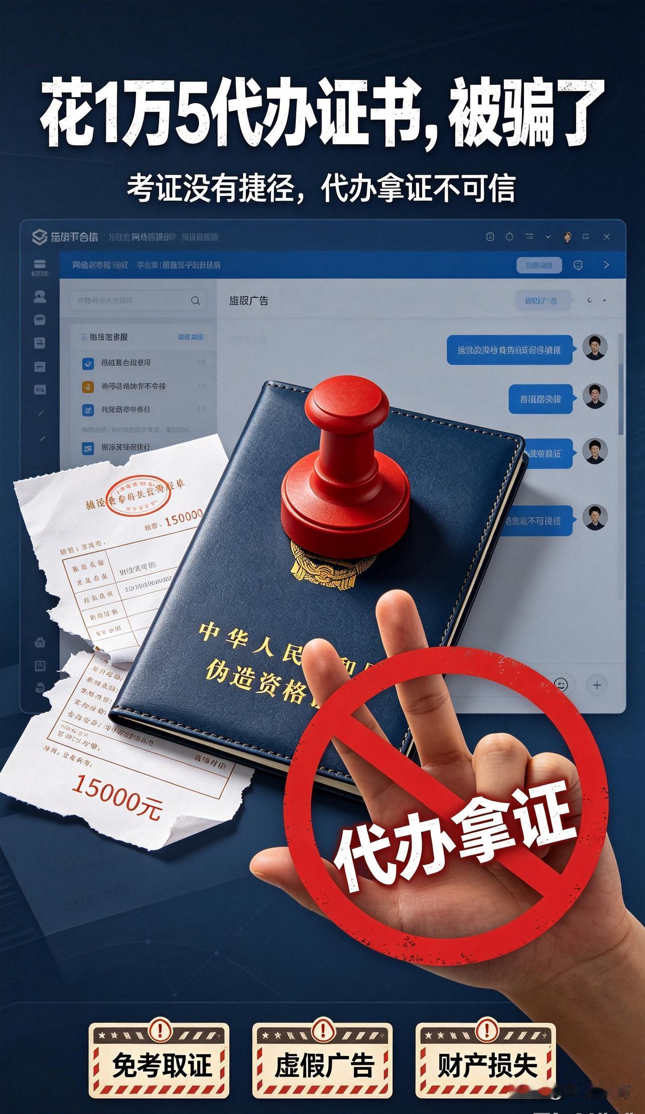 被骗
急于持证上岗，却选择花钱代办证书，最终落入骗局，损失一万五，教训深刻。
 