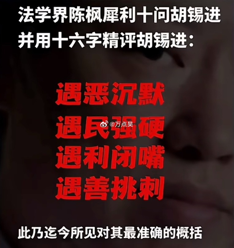 法学界陈枫对胡锡进的十六字评价：遇恶沉默、遇民强硬、遇利闭嘴、遇善挑刺。太精辟了