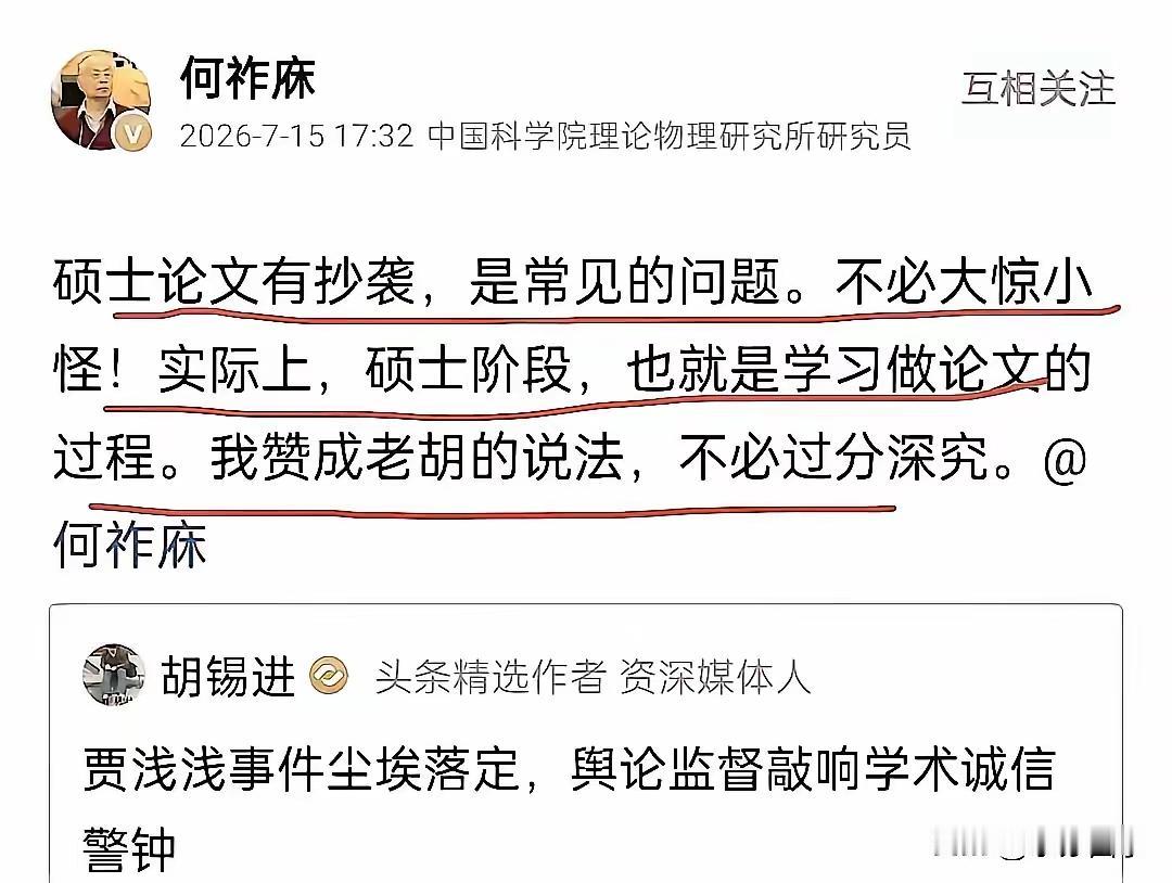 高度怀疑何院士当年写的论文很水很垃圾！身为中科院院士，说出“硕士论文抄袭不必大惊