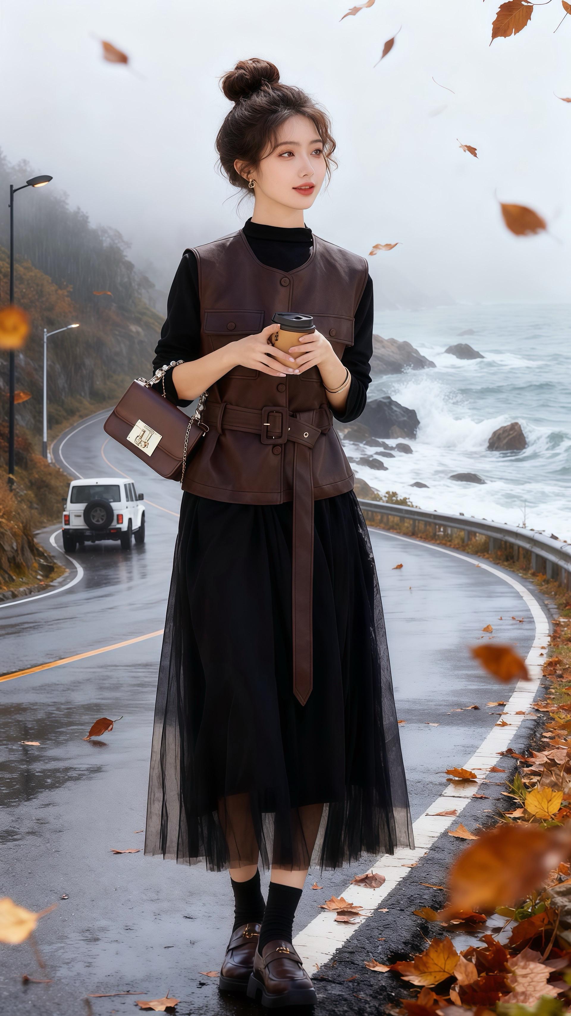 雾中路标  海风卷着潮气，把公路变成一面灰镜子。林晚的脚步踩在水洼里...