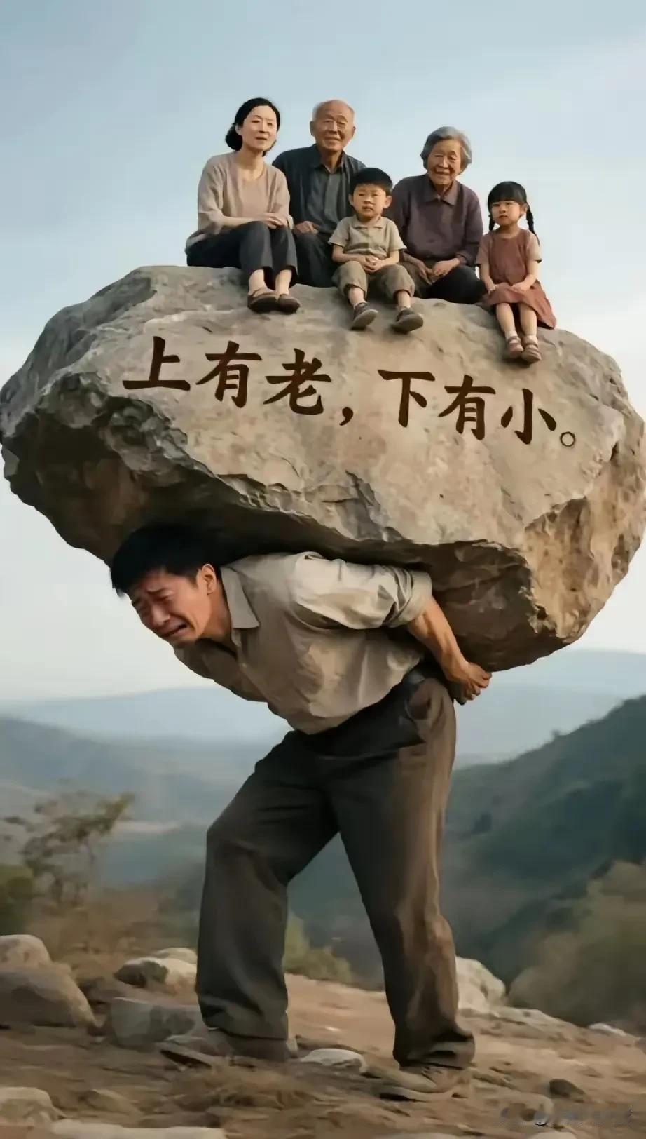 看到一个网图，感觉很形象，图上是一个中年男人，背上背着一块巨石，上面坐着老人和妻