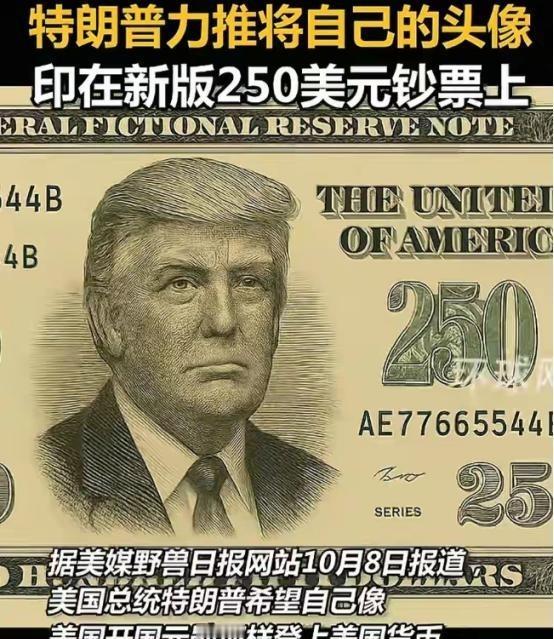 美国历史上第一位二百五总统即将诞生，就是当今美国总统特朗普，他要求在钞票上印上自