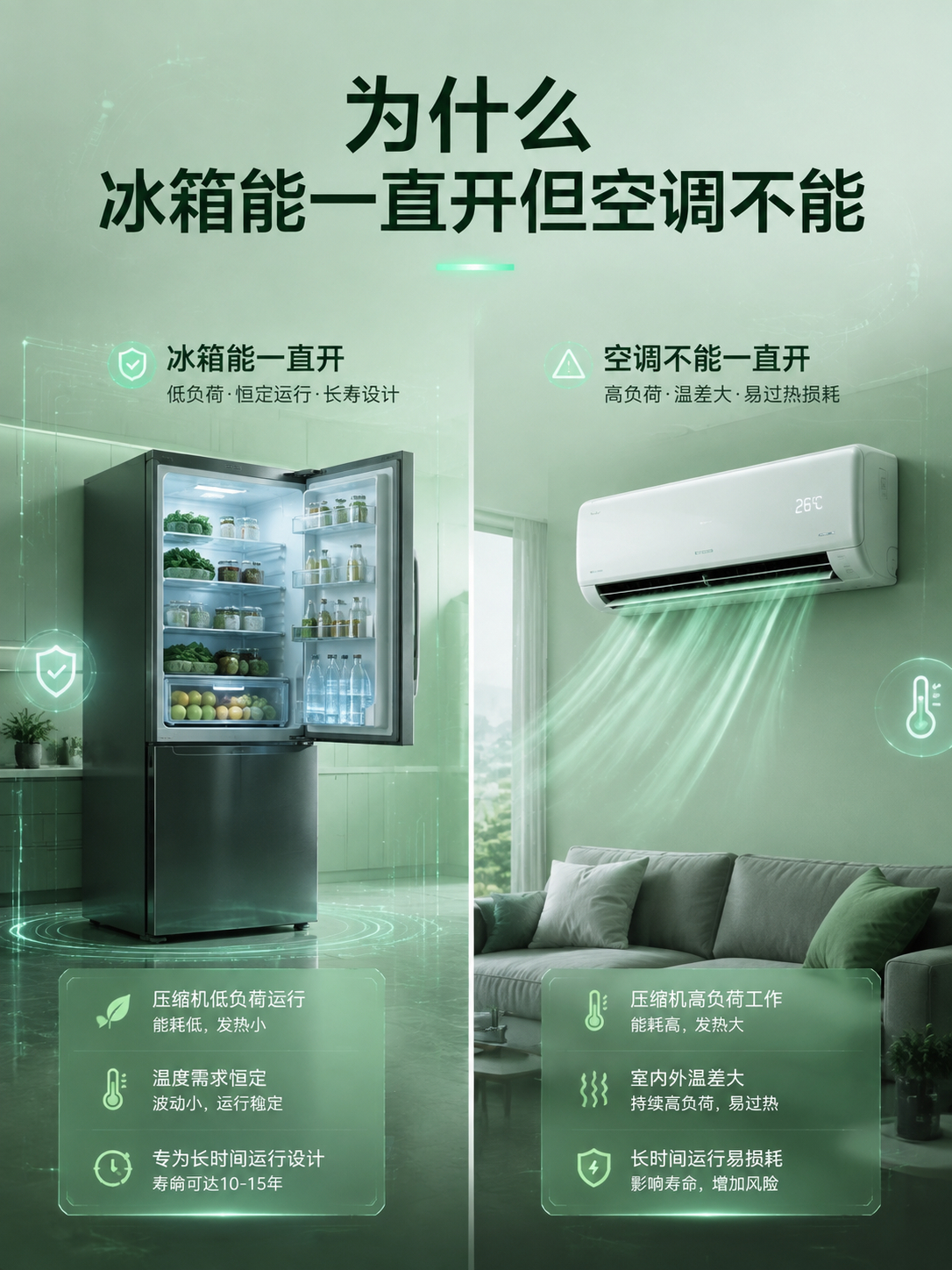 为什么冰箱能一直开但空调不能 很多人都有这个疑问，冰箱一年365天不停工作，空调