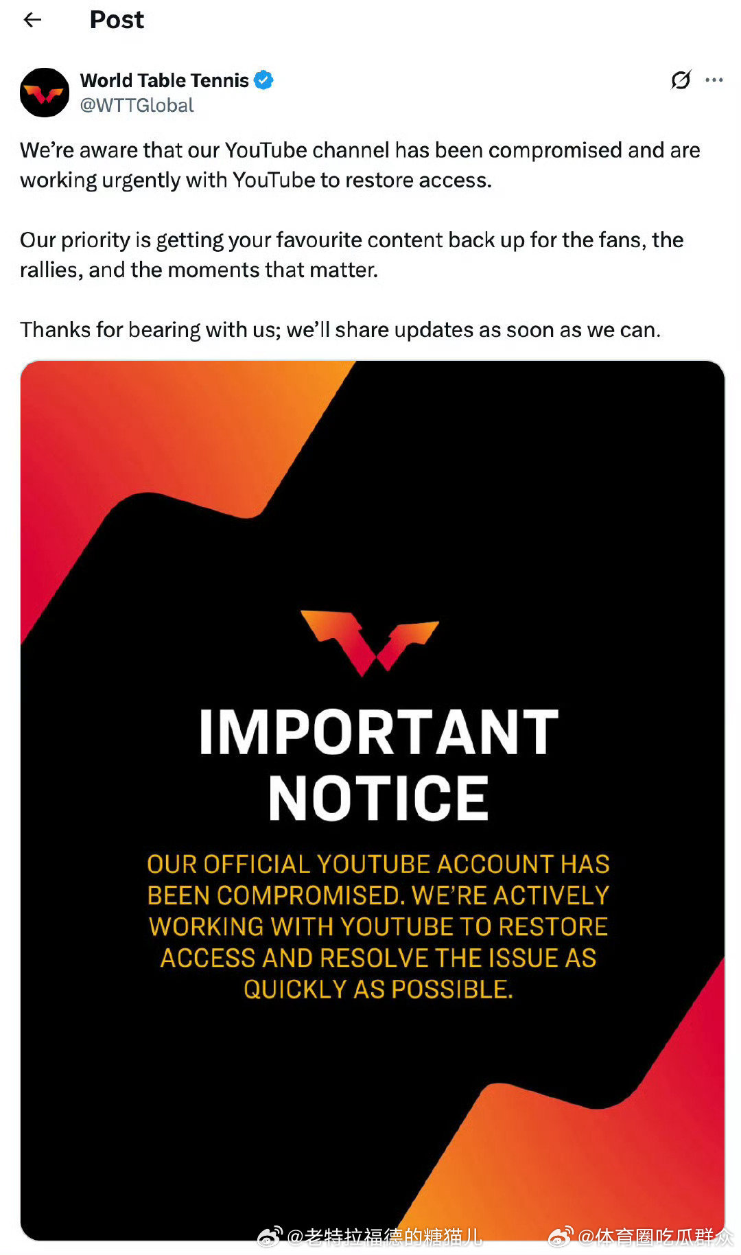 WTT和国际乒联YouTube频道遭黑客攻击[doge][doge][doge]