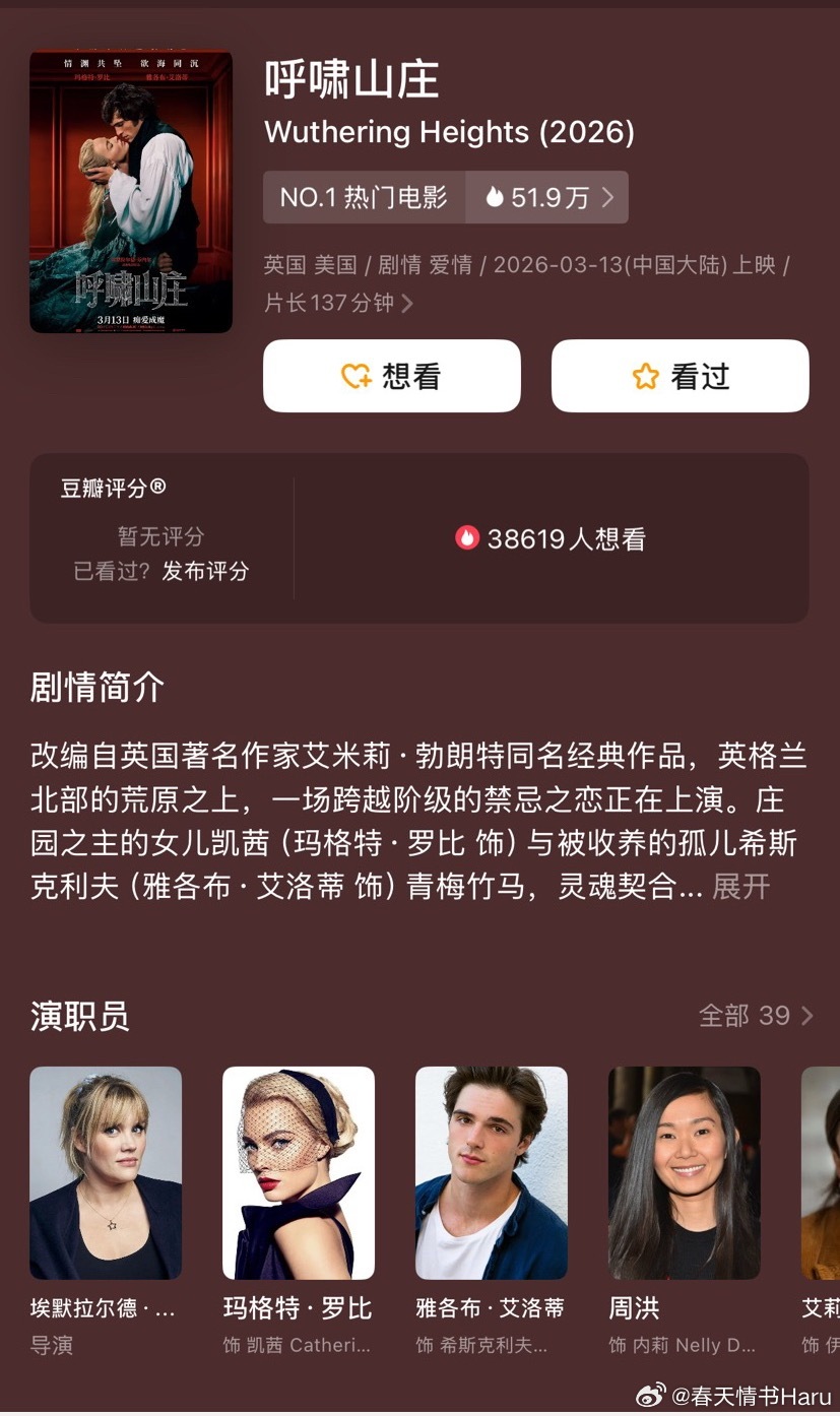 《呼啸山庄》到现在豆瓣都没出评分，上周没时间看，好奇这部的观众口碑到底怎么样 