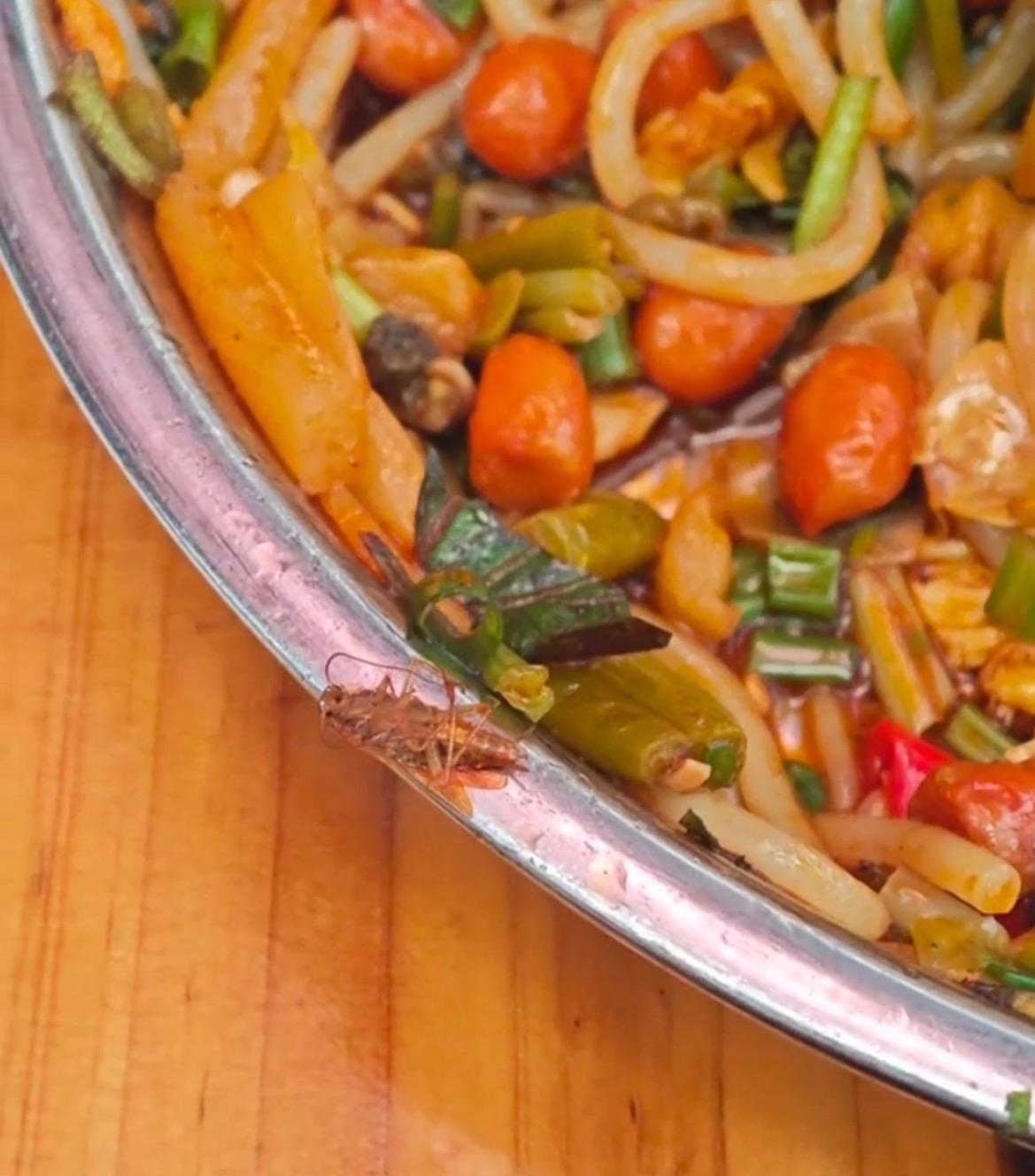 【玉林某商场外面的炒螺丝粉吃出疑蟑螂】3月11日，网友爆料称：玉林市某商场外面吃