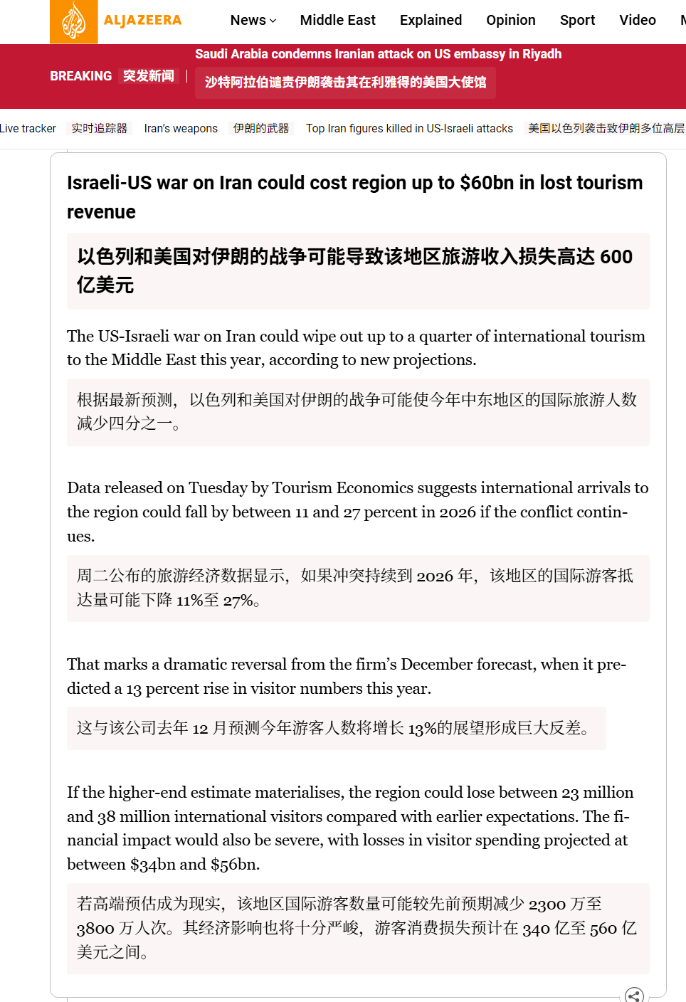 🔻根据最新预测，以色列和美国对伊朗的战争可能使今年中东地区的国际旅游人数减少四